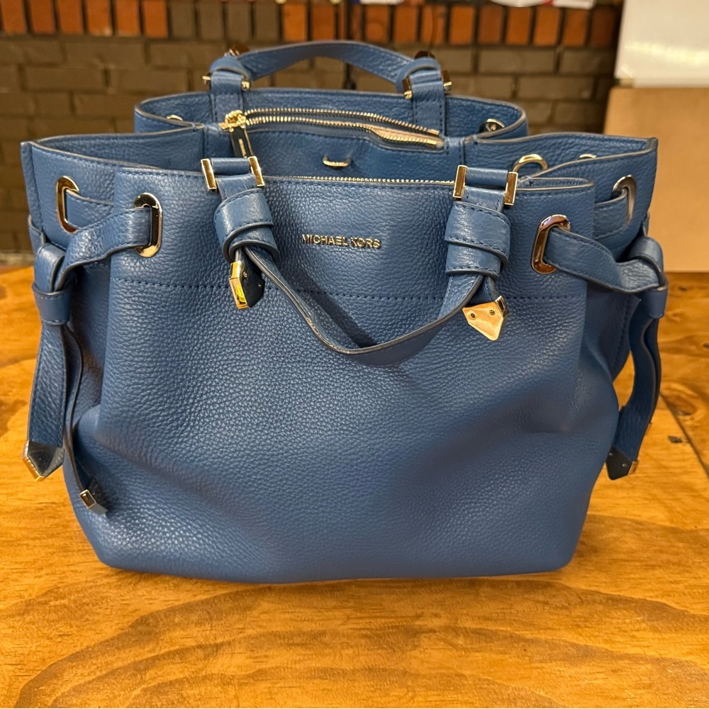 Michael Kors Blue Satchel Pebbled Leather Gold Accents